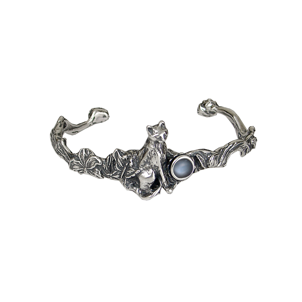 Sterling Silver Cat With Flowers Cuff Bracelet Grey Moonstone
